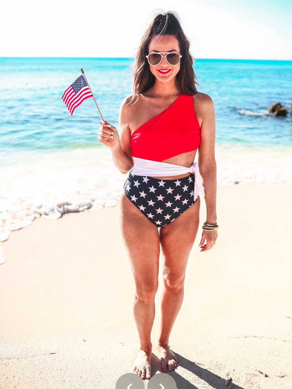 One-Shoulder Red & Navy Star High-Waist Women's Swimsuit